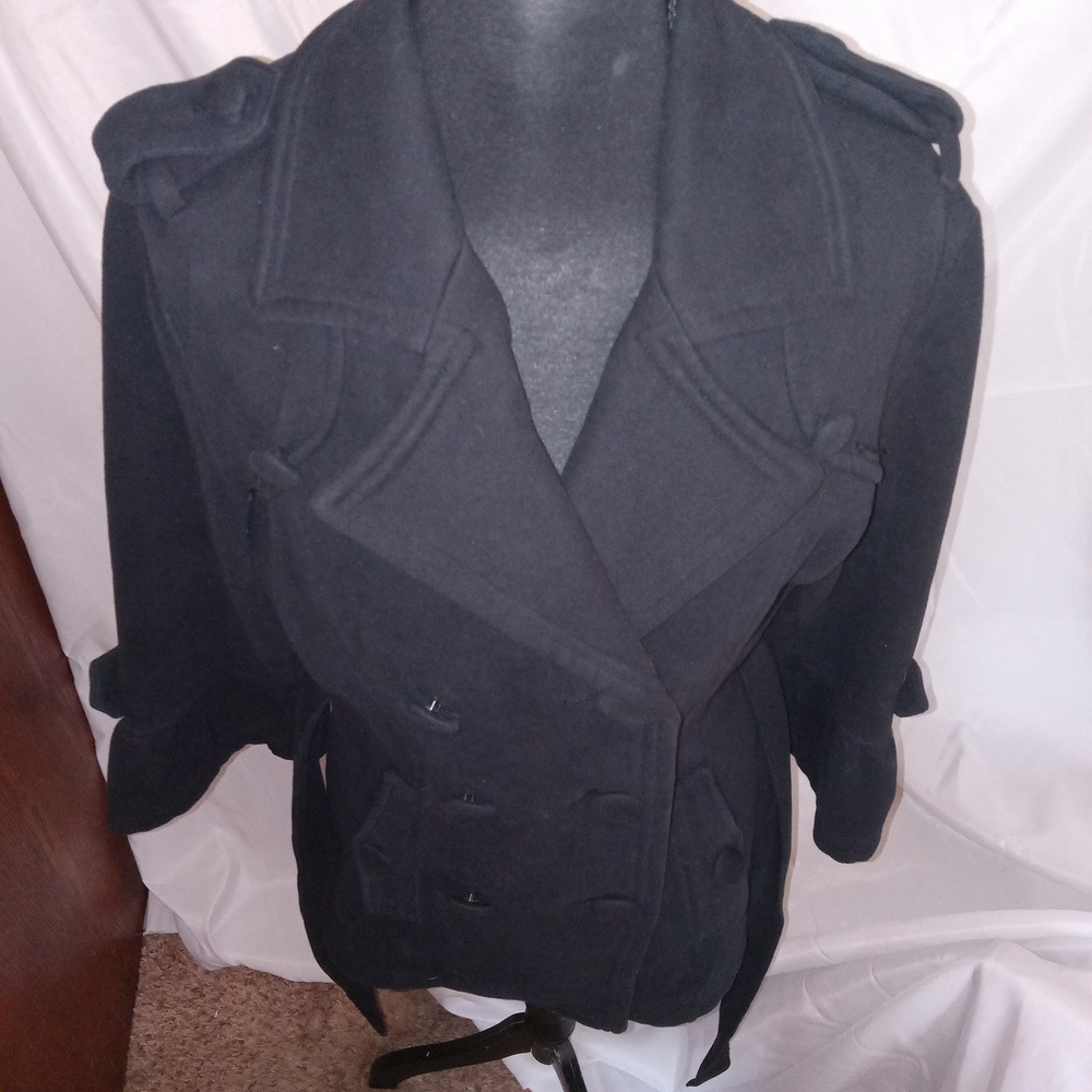 Wet Seal Black Pea Coat 3/4 Flounce Sleeves Womens Size Medium - Picture 11 of 13